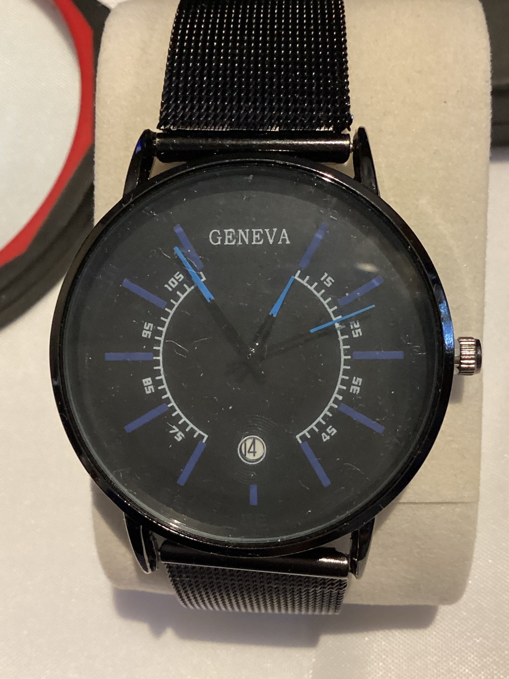 Geneva Black Mesh Watch with Blue Markers